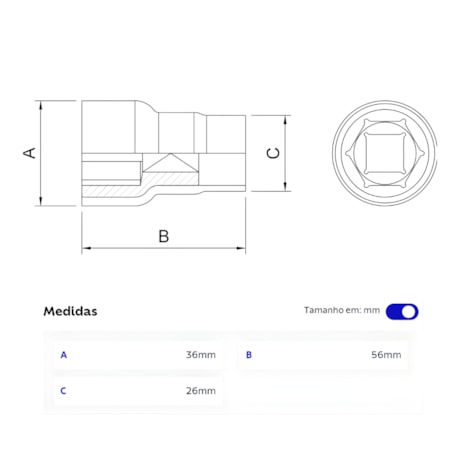 Soquete Sextavado 22.0mm Encaixe 1/2