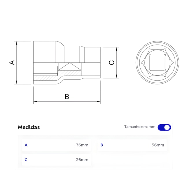 Soquete Sextavado 22.0mm Encaixe 1/2