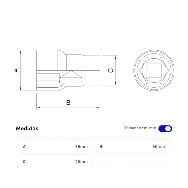 Soquete Sextavado 24.0mm Encaixe 1/2