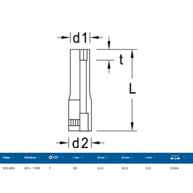 Soquete Sextavado 7mm Longo Encaixe 1/4