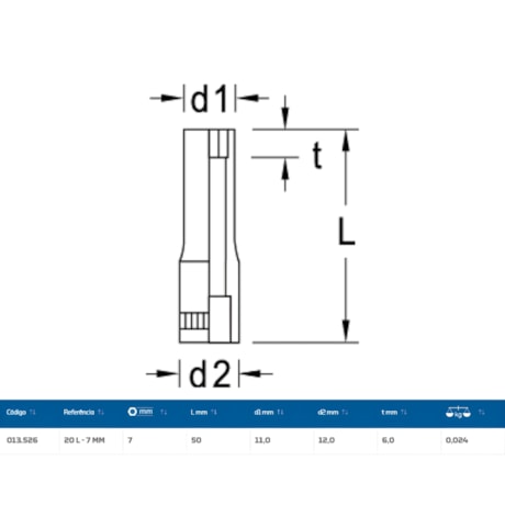 Soquete Sextavado 7mm Longo Encaixe 1/4
