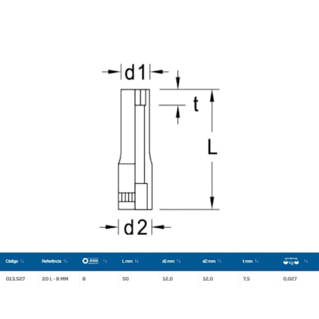 Soquete Sextavado 8mm Longo Encaixe 1/4