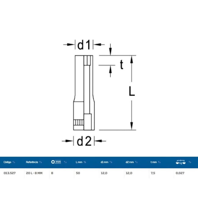 Soquete Sextavado 8mm Longo Encaixe 1/4