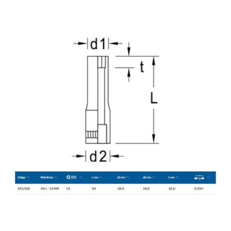 Soquete Sextavado Longo 13 mm Encaixe 1/4