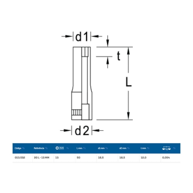 Soquete Sextavado Longo 13 mm Encaixe 1/4
