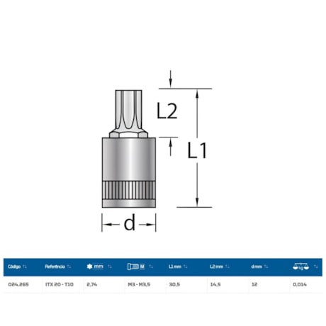 Soquete Torx T10 Encaixe 1/4
