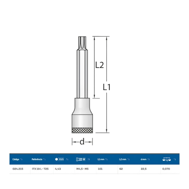 Soquete Torx T25 Longo Encaixe 1/2