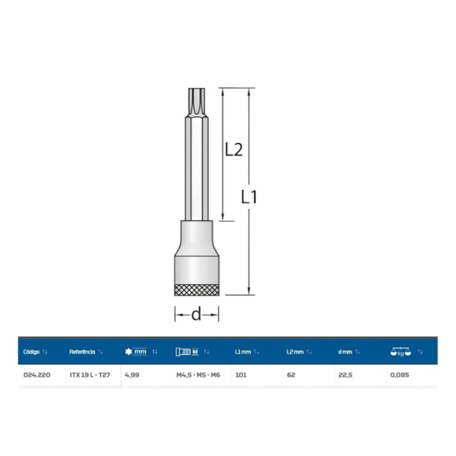 Soquete Torx T27 Longo Encaixe 1/2