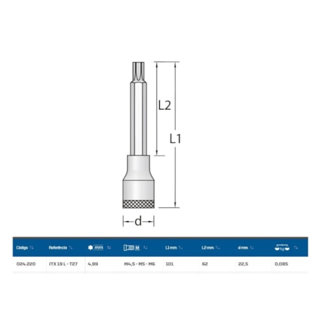 Soquete Torx T27 Longo Encaixe 1/2
