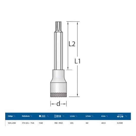 Soquete Torx T45 Longo Encaixe 1/2