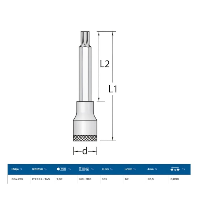 Soquete Torx T45 Longo Encaixe 1/2