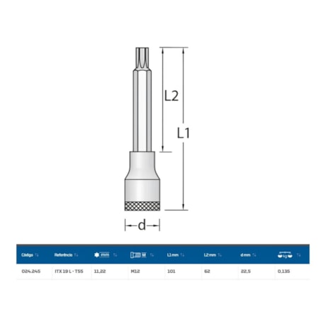 Soquete Torx T55 Longo Encaixe 1/2