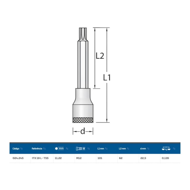 Soquete Torx T55 Longo Encaixe 1/2