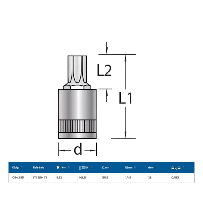 Soquete Torx T8 Encaixe 1/4
