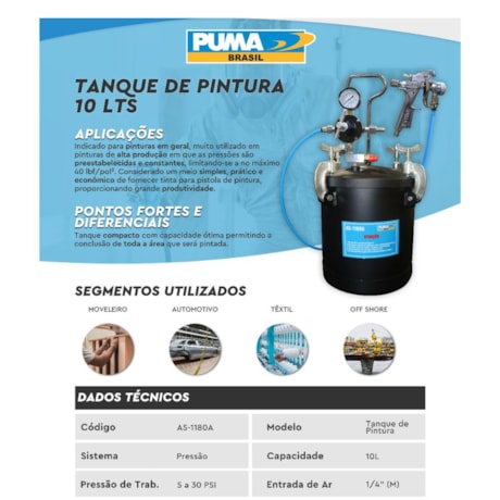 Tanque de Pintura 10 Litros com Pistola e Mangueira AS1180A PUMA-730bc283-8b31-4a2e-abb1-fc0dd09e6bd9