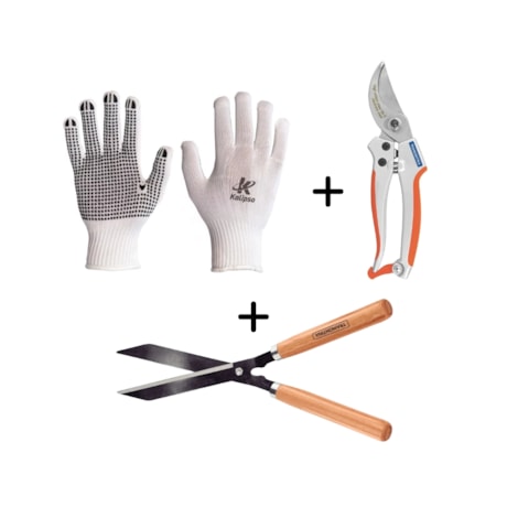 Tesoura de Poda Profissional Tramontina + Tesoura de Poda Cerca Viva Cabo de Madeira Tramontina + Luva de Segurança Helanca Pigmentada Branca Kalipso-34cf6e3c-a459-484d-9b8a-4469c1483edf