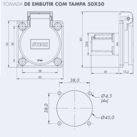 Tomada Industrial de Embutir com tampa Amarelo 2P+T 10A 250V IP44 S8640AM STECK-5fc9d607-230f-4486-8aff-7b16169b2c3b