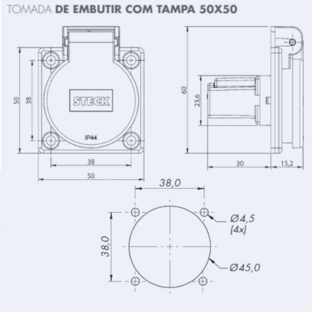 Tomada Industrial de Embutir com tampa Amarelo 2P+T 10A 250V IP44 S8640AM STECK-3937eaed-ec7f-4622-bbd7-eae3ec818c56