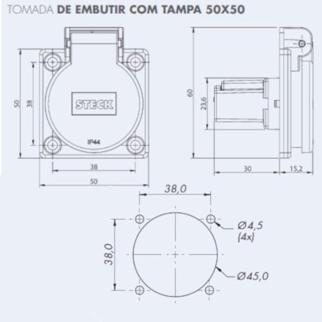 Tomada Industrial de Embutir com tampa Azul 2P+T 10A 250V IP44 S8640AZ STECK-e76312d8-6a51-412c-8f9f-4a02809788cb
