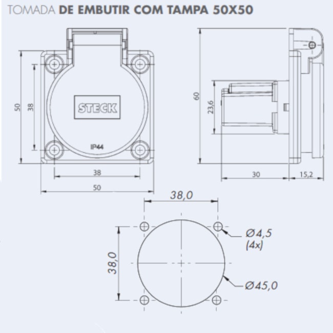 Tomada Industrial de Embutir com tampa Azul 2P+T 20A 250V IP44 S8641AZ STECK-e005bd01-28e6-459b-82be-b1c3e930cb10