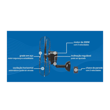 Ventilador Oscilante de Parede 3 Pás 60cm 127/220V Preto 543 VENTISOL-313aef06-ac8f-4872-9ec5-aaed307af508