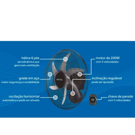 Ventilador Oscilante de Parede 50cm / 6p Bivolt STEEL 50 VENTISOL-cb2d5320-b562-47de-80bd-3fb02d69d7bf