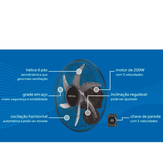 Ventilador Oscilante de Parede 50cm / 6p Bivolt STEEL 50 VENTISOL-5833d777-343a-4e74-b635-6773a8522ef1