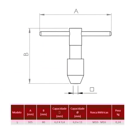 Vira Macho T 80mm (Macho M10 a M16) Sem Catraca 5 ADES-427f5953-dd9c-439e-a947-ebfcc64b752b
